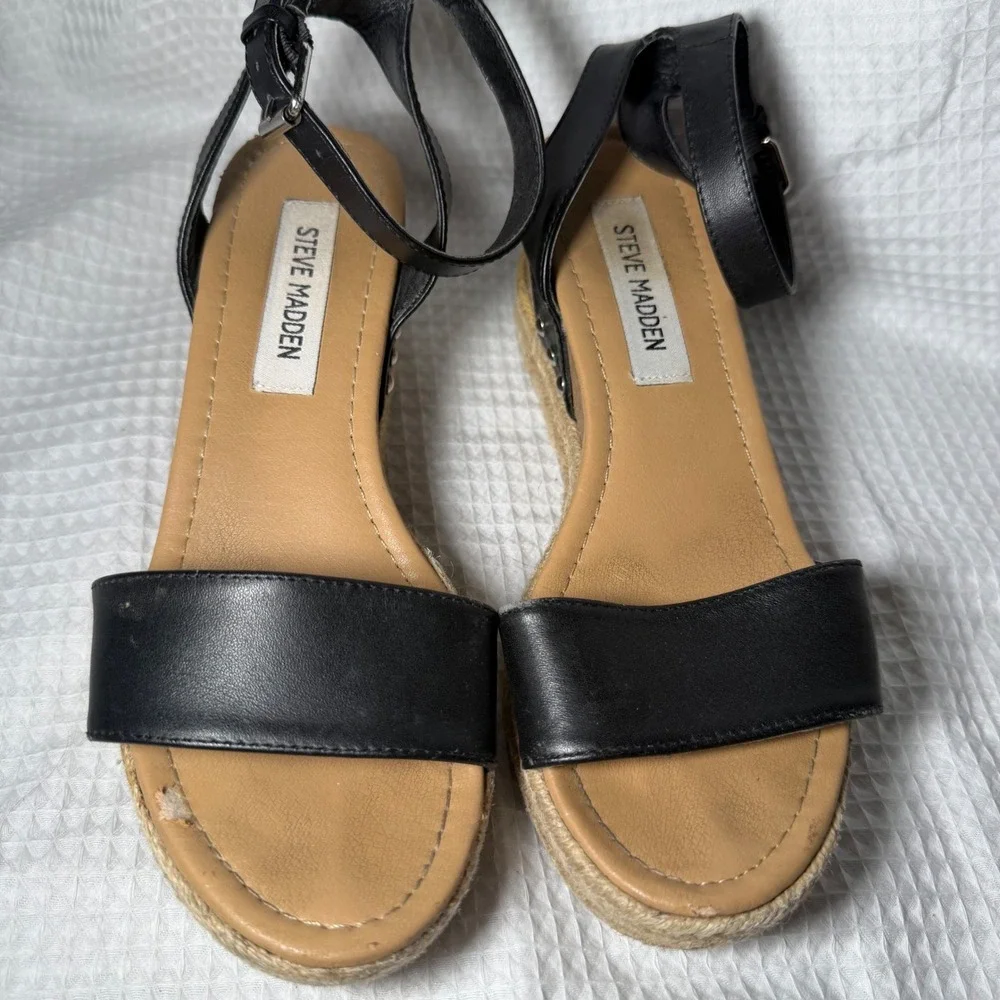 Steve Madden Jewell Black Leather Espadrille Wedge Sandals Studded JEWE01S1 6.5M
